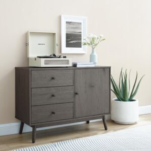 Stay organized in mid-century modern style with the Lucas Media Console. Featuring a large cabinet with an adjustable shelf