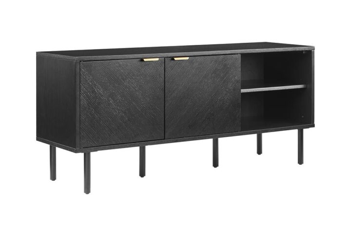 The Brody Record Storage Sideboard is what happens when a standard buffet cabinet gets a glow-up. This modern credenza boasts a beautiful chevron-patterned oak wood grain accentuated with contrasting antique brass handles. Designed for music lovers