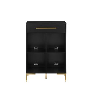 this bookcase has four cube shelves sized perfectly for standard records as well as books or decor. The drawer offers storage for electronic accessories and cleaning supplies