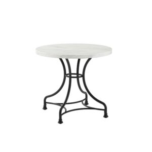 the Madeleine Bistro Table brings stylish café dining to your home. The faux marble tabletop creates an upscale look while the steel base adds a French industrial aesthetic. The open pedestal design of the table forms an elegant profile and provides cozy seating for up to four diners.