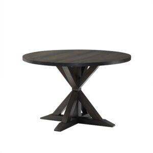 the Hayden Round Dining Table brings rustic style to family gatherings. The large round table top can comfortably accommodate four diners for a casual family meal. Featuring a pedestal base with intersecting legs