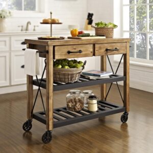 to give the top of the cart the look of reclaimed wood. The slatted design of the sturdy steel shelves is ideal for holding wine bottles or larger kitchen items. Featuring two full-extension drawers and large casters