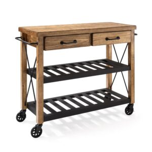The Roots Kitchen Cart is a beautiful combination of rustic wood and industrial metal. A weathered plank design is etched by hand