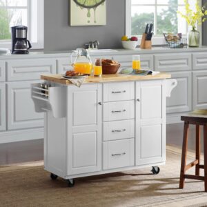 Prepare all your meals with ease with the Elliot Kitchen Cart. This cart features numerous storage options including four spacious drawers and two cabinets with adjustable shelves. A built-in spice rack and paper towel holder keep the beautiful wood countertop free of clutter