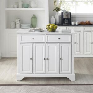 this island is ideal for food prep or buffet-style serving. Two large drawers keep utensils and small kitchen items organized