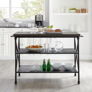 the Madeleine Kitchen Island brings a stylish aesthetic to your kitchen with its beautiful countertop and steel base. Two large open shelves provide ample storage while two towel bars add convenience to your kitchen prep. Whether used as a standalone island or paired with counter height bar stools for added dining space