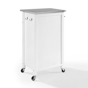 this island offers a sturdy stainless steel countertop and large cabinet with an adjustable shelf inside. The caster wheels on that base allow you to create a flexible food prep or serving space