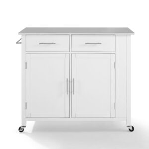 the Savannah Kitchen Island/Cart delivers both style and functionality in a sleek mobile package. Featuring two large cabinets with adjustable shelves