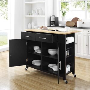 your kitchen should be functional and flexible. The Savannah Drop Leaf Kitchen Island/Cart fits the bill perfectly. Two large cabinets with adjustable shelves and two large storage drawers are perched atop sturdy caster wheels. A built-in spice rack