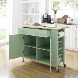 your kitchen should be functional and flexible. The Savannah Drop Leaf Kitchen Island/Cart fits the bill perfectly. Two large cabinets with adjustable shelves and two large storage drawers are perched atop sturdy caster wheels. A built-in spice rack