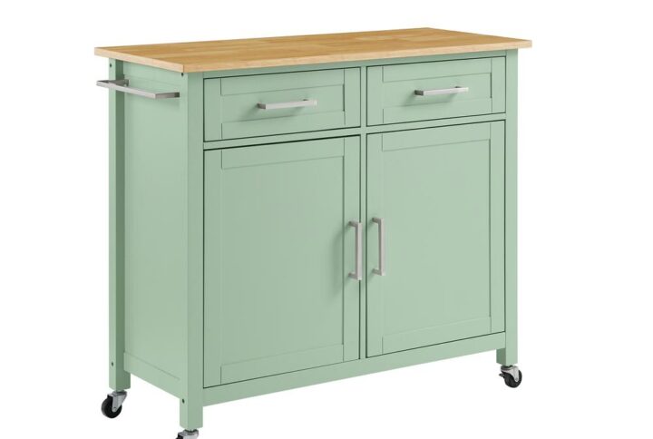 The Tristan Kitchen Island/Cart offers classic style and ample storage. Two large cabinets with adjustable shelving provide flexibility for storing kitchen essentials like pots and pans