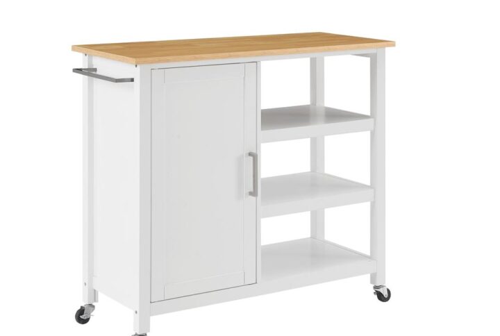The Tristan Open Kitchen Island/Cart offers classic style and ample storage. A large cabinet with two adjustable shelves provides flexibility for keeping kitchen essentials out of sight
