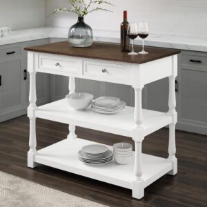 ideal for use as a microwave stand or coffee bar. The open shelves keep all your cookware and utensils within arm's reach. Beautifully turned legs and convenient pass-through drawers make this kitchen island with storage an ideal centerpiece for any kitchen.