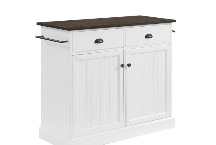 Incorporate a dash of coastal flair with the Shoreline Kitchen Island. Featuring two large cabinets with adjustable shelving and two large storage drawers