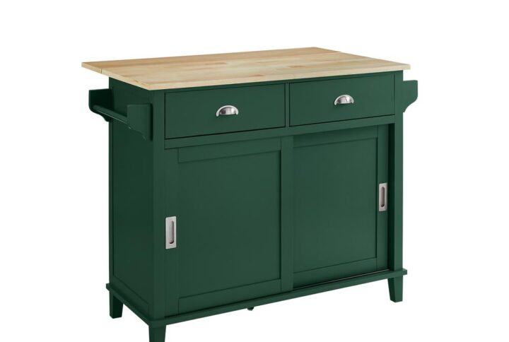 Expand your kitchen workspace and storage area with the Cora Drop Leaf Kitchen Island. Featuring two large cabinets with adjustable shelving
