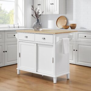 this island uses sliding cabinet doors to maximize space. Two storage drawers corral utensils and dishtowels