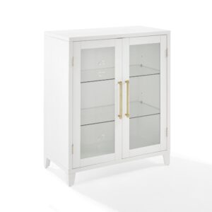 Behind the glass double doors of the Roarke Stackable Kitchen Pantry Storage Cabinet are adjustable glass shelves designed to display items ranging from décor to books. Highlighted by substantial bar hardware