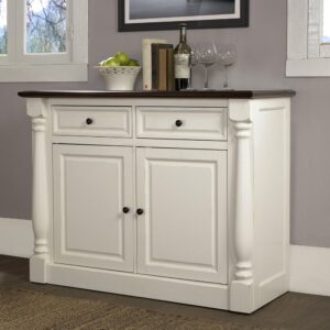 with beautifully beveled doors and carved pilaster accents. Featuring two large cabinets with adjustable shelves