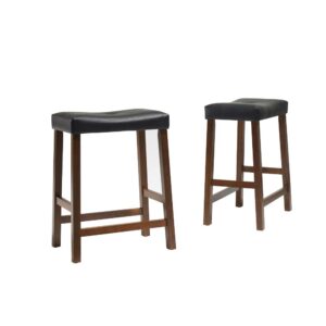 Simplicity and comfort are hallmarks of the Saddle Seat 2pc Counter Stool Set. The curved seat is upholstered in a durable yet stylish faux leather