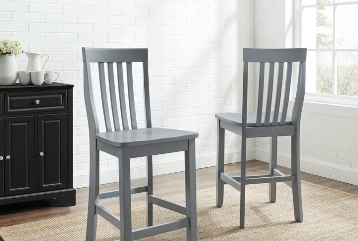 The Schoolhouse 2pc Counter Stool Set is crafted for style and long-lasting comfort. With a curved slat back and contoured seat
