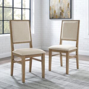this chair set features a unique wooden X design across the back. The Joanna 2pc Upholstered Chair Set brings character and durable comfort to a variety of dining options.