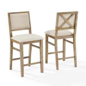 The Joanna 2-piece stool set adds a touch of rustic elegance to your kitchen island or counter height dining table. These bar stools feature comfortable upholstered backs and seats