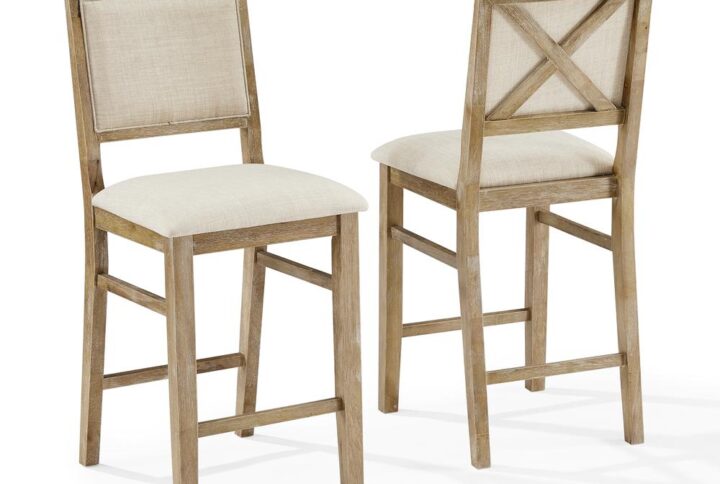 The Joanna 2-piece stool set adds a touch of rustic elegance to your kitchen island or counter height dining table. These bar stools feature comfortable upholstered backs and seats