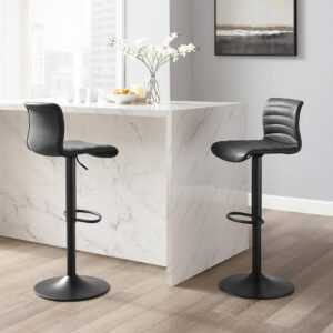 the Wyatt Adjustable Swivel Stool adds flexible seating to your kitchen or dining area. The channel tufted seat is covered in rich faux leather and sits atop a gas-lift adjustable swivel base. Use at bar height with a pub table or lower to counter height to use with a kitchen island. The Wyatt Adjustable Stool is guaranteed to bring flexibility and flair to your home.