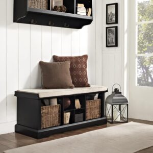 Organize your entryway with the sophisticated Brennan Storage Bench. This bench features four small compartments for storing shoes and other small items. Two larger cubbies with wicker baskets offer space to tuck away items you want out of sight. The included cushion adds a bit of comfort when you sit down to slip your shoes off at the end of the day. The Brennan Storage Bench adds a lovely touch class to your foyer or mudroom.