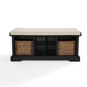 Organize your entryway with the sophisticated Brennan Storage Bench. This bench features four small compartments for storing shoes and other small items. Two larger cubbies with wicker baskets offer space to tuck away items you want out of sight. The included cushion adds a bit of comfort when you sit down to slip your shoes off at the end of the day. The Brennan Storage Bench adds a lovely touch class to your foyer or mudroom.