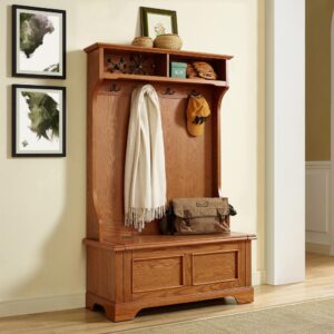 this freestanding hall tree features hooks for coats and a lift-top bench for seating or use as a shoe rack. Two shelves at the top provide the perfect place for small items like your wallet and keys. With raised details and a traditional silhouette