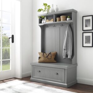 Add coastal flair to your mudroom with the Seaside Hall Tree. This full-size entryway bench with coat rack offers both seating and shoe storage in an elegant package. The lower shoe bench offers two large cubbies behind a pull-down door