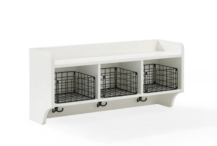 Keep your entryway clutter-free with the Fremont Entryway Shelf. The shelf includes three double hooks and three galvanized wire baskets for storage. Easy to mount and modular in design