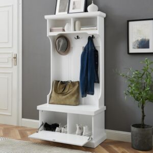 this bench with coat rack offers seating and three double-prong hooks for hanging coats and book bags. The entryway bench base makes a great shoe rack with its hinged drop-down door