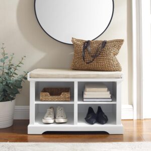 this bench stores four pairs of shoes in perfectly sized cubbies. Two adjustable and removable shelves in the base allow you to add storage cubes or baskets. The Anderson Entryway Bench’s cushioned seat will welcome you as you slip your shoes off at the end of the day.