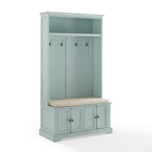 The Holbrook Hall Tree brings vintage charm to any entryway. Featuring a sizable entryway bench and two storage cabinets with adjustable shelves