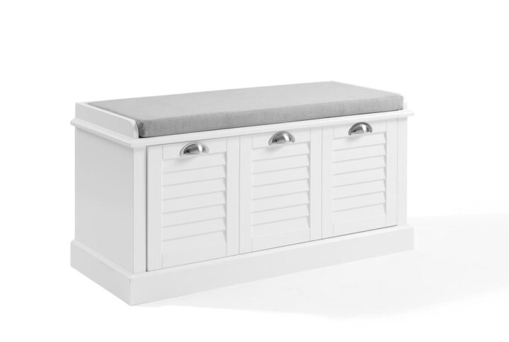 Simple storage to keep your entryway tidy. The Ellison Storage Bench features a cushioned seat that offers a great spot for slipping on your shoes at the start of the day. And when you arrive home