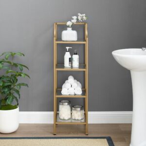 the Aimee Short Étagère is an eye-catching addition to a bathroom or home office. With a sturdy yet sleek steel frame