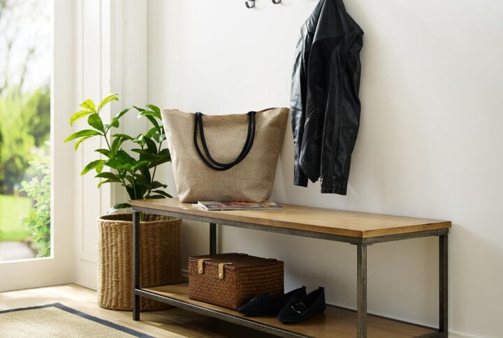 Bring the modern industrial beauty of wood and steel to your foyer or mudroom with the Brooke Entryway Bench. With a streamlined frame and clean lines
