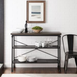 the Madeleine Console Table brings a stylish aesthetic to your home with its beautiful top and steel base. Two open shelves and a spacious tabletop offer opportunity for display