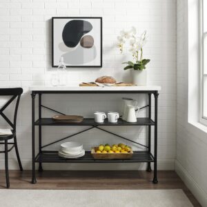 the Madeleine Console Table brings a stylish aesthetic to your home with its beautiful top and steel base. Two open shelves and a spacious tabletop offer opportunity for display