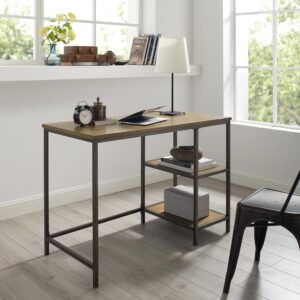 clean lines and a slim footprint make this desk a perfect fit for both large and small living spaces. With two open side shelves for storage and a large desktop