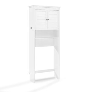 the Lydia Space Saver offers a number of clever storage features. Keep toiletries and grooming items out of sight in the large cabinet with an adjustable shelf. Below the cabinet is a spacious open shelf ideal for keeping items like hand towels and washcloths close at hand. Handy utility hooks on each side are perfect for hanging a bath towel or robe. Sitting flush against the wall