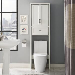 this free-standing unit allows for optimal use of vertical space. A full-extension drawer hides away necessities like hand towels and toiletries