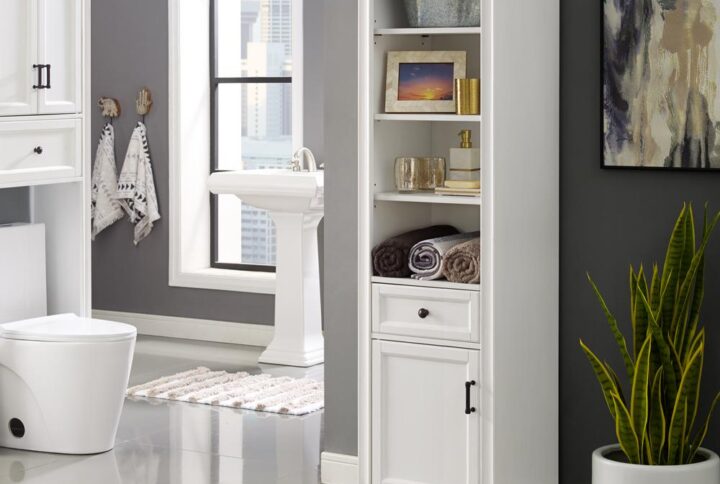 The Tara Linen Cabinet offers much-needed organization to narrow bathrooms