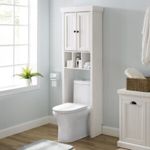 this space saver features a large storage cabinet with classic beadboard paneling and genuine metal hardware. The shelf in the cabinet can be adjusted to accommodate a variety of toiletries and bath items