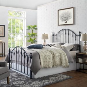 Add traditional charm to your bedroom décor with the Eldridge bed. This bed features arch designs with straight spindles and ornate finials on the intricate posts. The black powder coated finish with antique gold details offers sophisticated elegance allowing the Eldridge bed to be a grand focus point of any bedroom. Rails