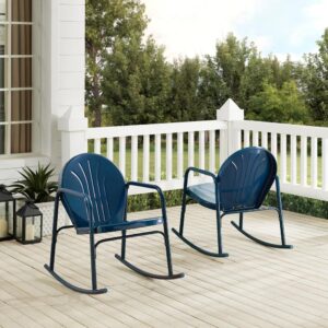 this patio set has a durable design available in a variety of stylish colors. Low slanted seats allow you to recline on smooth metal rockers