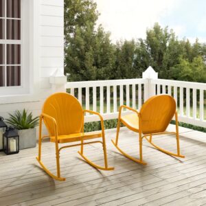 this patio set has a durable design available in a variety of stylish colors. Low slanted seats allow you to recline on smooth metal rockers