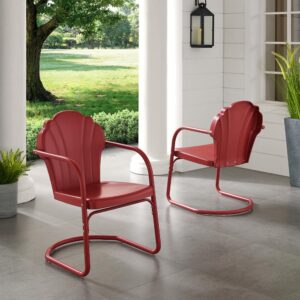 the Tulip Patio Chairs (Set of 2) combine vintage style with classic function. The two scalloped chairs come in a variety of vibrant colors and sit atop cantilever bases that provide just enough flex for lounging in comfort. Made of durable steel